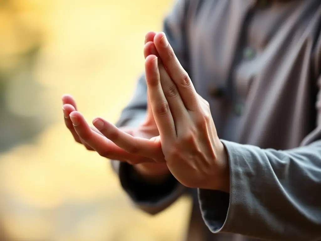 An image showing a close-up of hands performing a specific Qi Gong movement, emphasizing the precision and flow of the practice.