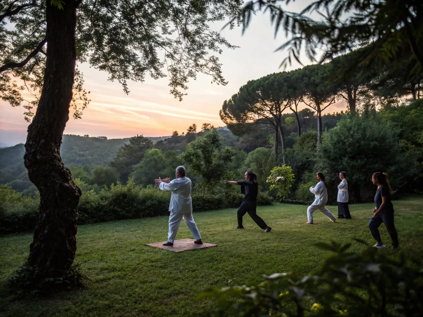 A serene image of a group of people practicing Qi Gong outdoors in a lush garden setting, focusing on gentle movements and mindful breathing.