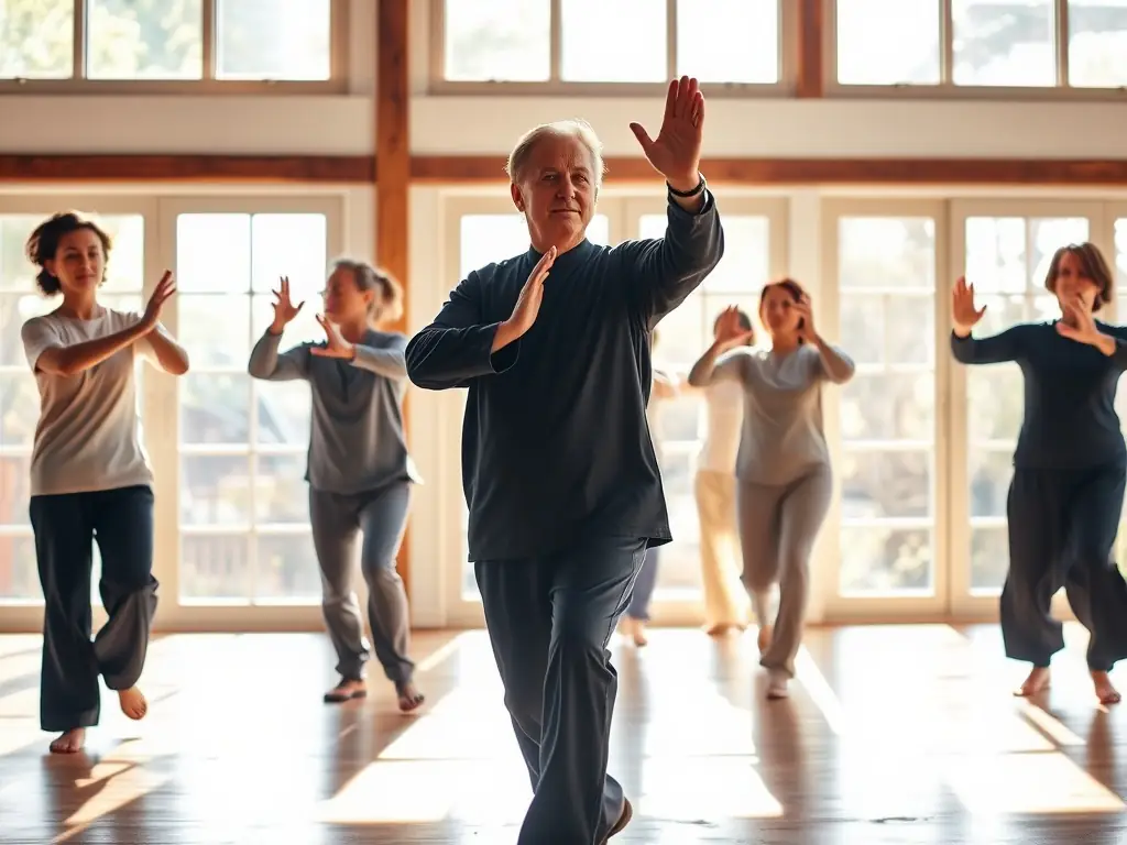 A tranquil image of Lina Smaluhn leading a Qi Gong session, with participants following her guidance in a peaceful studio environment.